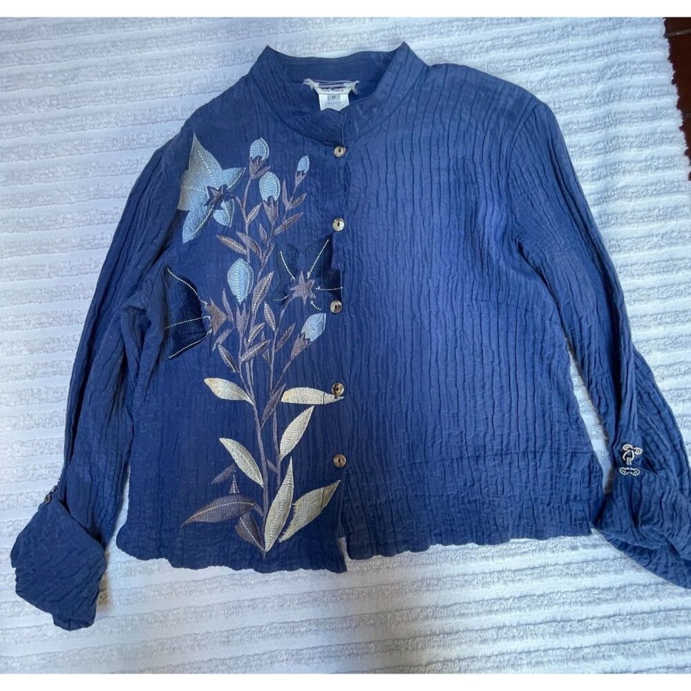 Citron Santa Monica Womens Unique Buttons Long Sleeve Crinkle Top Blue Medium